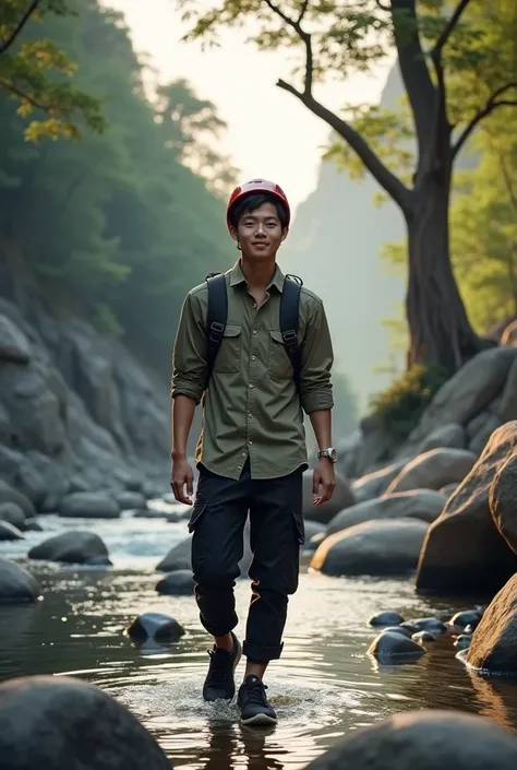 A handsome white skinned black haired asian man wears a helmet , 20 years old cute little smiley face , army shirt, black cargo pants, sports shoes, Man looks towards camera, Man was in river many rocks was rafting,  looking dusk around a large tree that a...