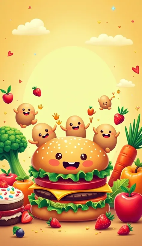  A colorful and lively drawing that represents a variety of delicious and healthy foods ,  perfect for ren . On the scene,  we can see a juicy hamburger with soft bread and a smiling face ,  accompanied by crispy potatoes people who also have a friendly fa...