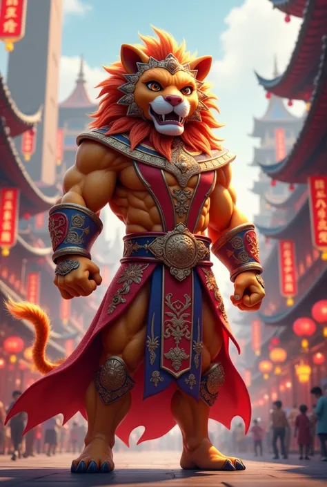 Create lion to super hero with china style clothes realistic mix up 3d animation image in china with public 