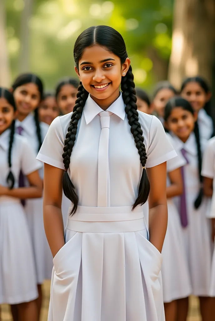 a beautiful cute sri lankan 1 schoolgirl, wearing a white frock uniform with pockets, putting hands in side pockets, big breasts...