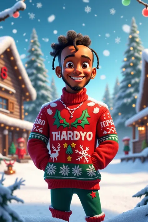 Lewis Hamilton dans une tenue de Noël dans un décor de Noël en mode animé 