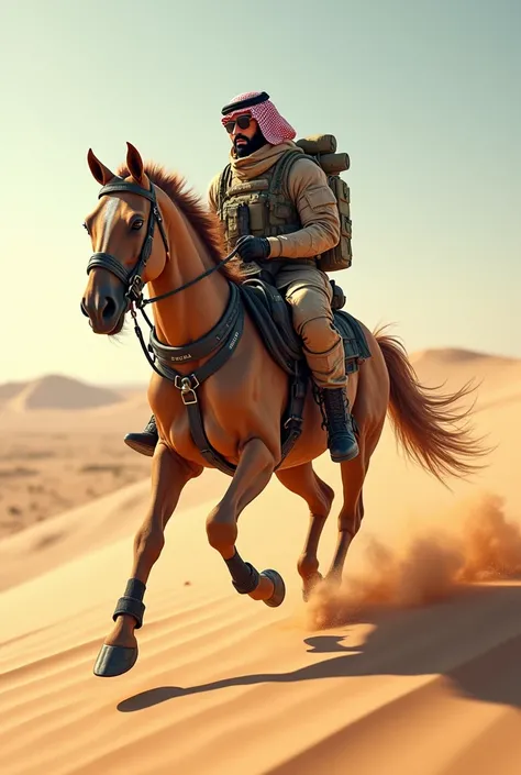 A graceful yet powerful Arabian horse-human hybrid symbolizing Saudi special forces. With a muscular build and sleek fur, it wears desert camouflage and gallops across sand dunes, equipped with cutting-edge weaponry and supplies. The word "Saudi Arabia" is...