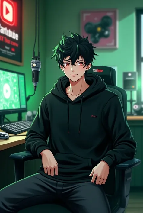 Create a anime boy who have a  mature looking like a man facing in front  he is a  YouTube content creator, sitting in his studio with futuristic gadgets, and there is mic near him ,wearing black hoodie, smiling, and there is 2 posters of youtube in his ro...