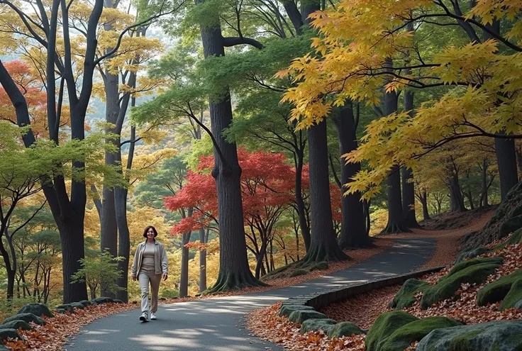 A beautiful short Korean woman in her 50s 、Short medium-length hair、 Top Quality 、Very detailed、 High quality detail 、8ｋ、autumn forest、 Beautiful Korean woman in her 50s .I was wearing a luxurious beige sweater and a short waist-length luxury windbreaker j...