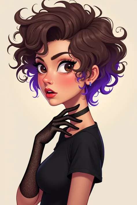 ((art animation 2D)) 20-year-old woman with brown hair curly pixie with tips dyed purple, brown eyes, with good body, wearing a black top and net gloves , With the face in profile 