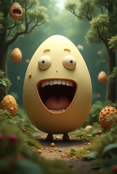   a scene from the movie 、 Imprint Image、8k、Big egg、nonsense style ,  eggs and forest with their eyes and mouth laughing、 real。