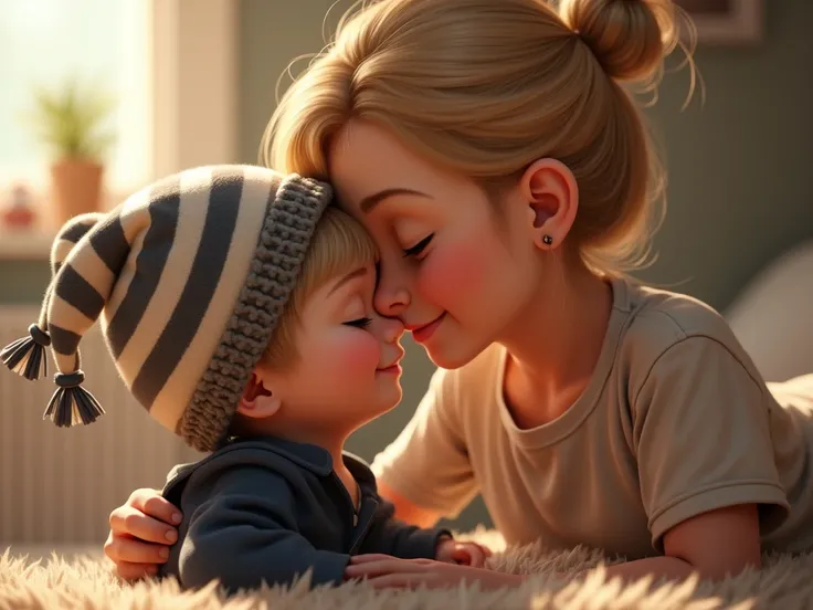 水のあるリアル "A loving mother tenderly kissing her baby on the cheek in a cozy indoor setting. The baby is wearing a striped beanie with small decorative ties and a navy outfit, including a collared shirt. The mother has blonde hair and a gentle, affectionate e...