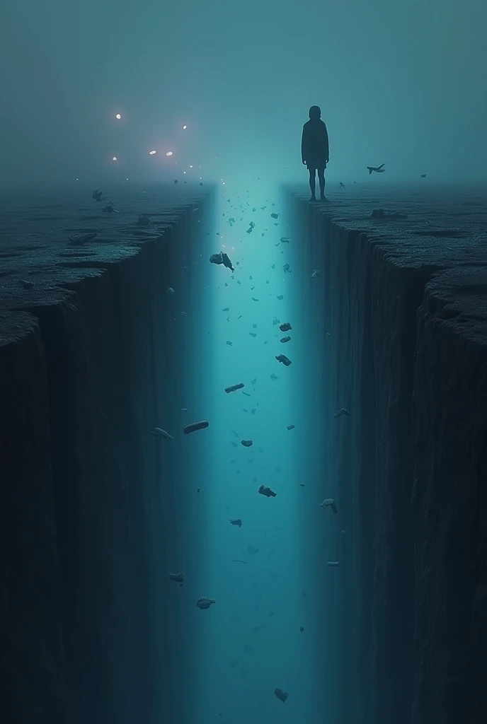 "A haunting, infinite loop of a person standing at the edge of a dark void. The background has fragmented pieces of their surroundings, like broken memories, floating in an eerie, glowing mist. The person looks trapped, staring into the void with a mix of ...