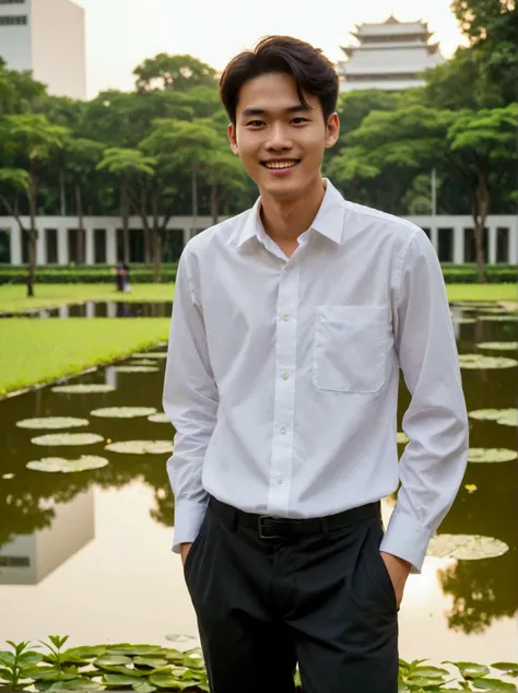 a 18 years cheerful man, wear a long student white shirt, black shoe, smile, standing in the garden and pond at Chulalongkorn University in the early morning