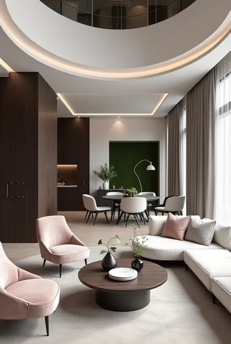 Professional 3d architecture rendering design of modern and minimal and high tech  and French design for  big circular living room with dark wooden  small middle table and 2 small white  marble cube table and  modern  white bone velvet sofa and 2 modern Fr...