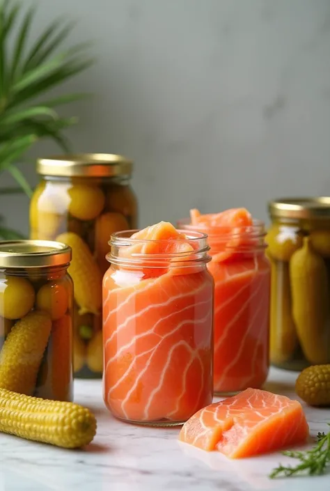 Pickled salmon slices in jars. Brands eat pickles together