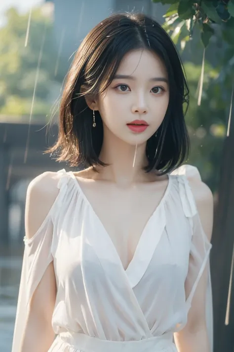 (( Top Quality , 8k, masterpiece:1.3)), Korean women 1,  60 :1.2,  perfect body :1.4,  butt:1.2, (( layered haircut , chest:1.2)), (Wet clothes:1.1) , (rain, distance:1.3), Bandou dress : 1.1,  Highly detailed facial and skin textures,  beautiful eyes, Dou...