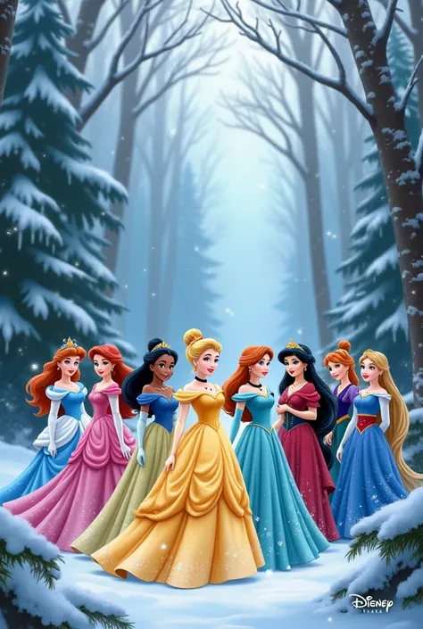 All Disney princesses in one photo with a winter forest in the background