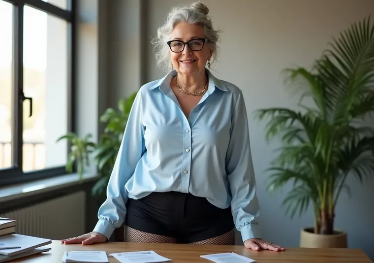 A fashionable an older woman, 80years old, older, 1 plus size model, chubby, sexy and hot, silver wavy hair, big boobs, big hips, fashion model, nice face, bold makeup, smile, huge hips ,huge ass,  styled in a neat bun and wearing stylish glasses, is in a ...