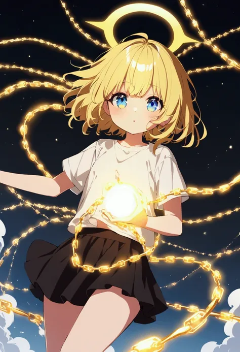 A cute girl with long glowing yellow hair,blue eyes, wearing a white t-shirt, a black short skirt, with a halo on her head, flying in heaven with several yellow glowing chains