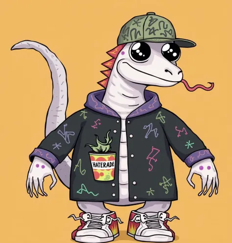 A whimsical, anthropomorphic lizard character in a bold, hand-drawn, cartoonish style inspired by Tezzardz. The character has playful and exaggerated features: a wavy tongue, spiky tail, and eccentric accessories like a backward cap with graffiti-inspired ...