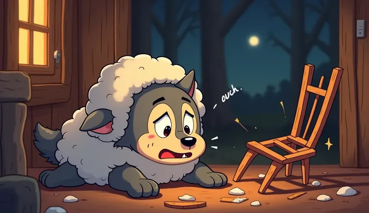 A cartoon wolf (wearing sheep costume) fell down with bum hurtfully (ouch written )and a broken wooden thin chair (pieces)  inside a cozy cottage at night