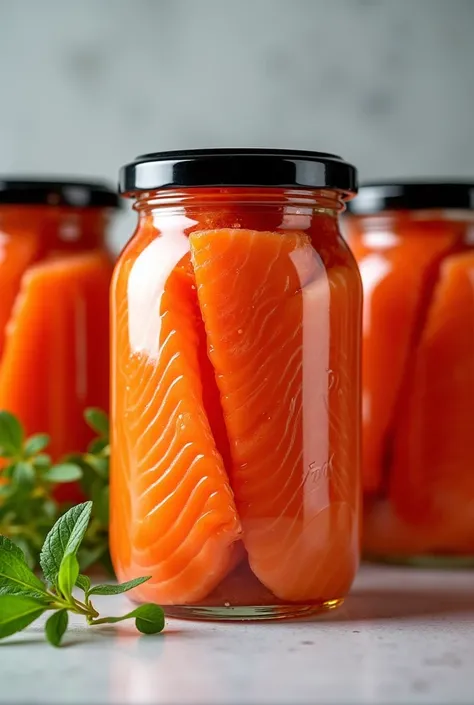 Sliced salmon marinated in jars. Black lid