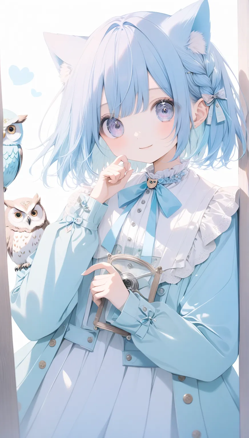 owl under guard， pastel colors , smile,  1 girl, pastel blue color hair ,