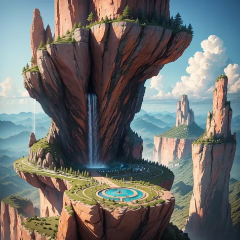  super giant rock mountains。Great Heaven，Huge Fountains ，Giant Tree，masterpiece， Best Quality，Super giant waterfall ， super high definition ，The Great Labyrinth of Rocks ，Paradise， multi-dimensional ， romantic，Inside a super huge rock ，High Dimension，perfe...