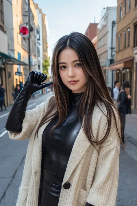 (8k, RAW Photo, Highest Quality, High Resolution:1.1), (ultra-realistic:1.4),(Realistic, Realistic:1.3),Japanese Beauty, Outdoors, A girl wearing an elegant dark violet long coat, a knit top and a houndstooth mini skirt, pumps,((Upper Body Position Street ...