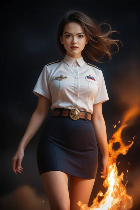 Masterpiece:1.2, best quality, 8k, UHD, high detailed, knee shot, portrait, hyperrealistic, cinematic light, 18s woman, thai university, uniform, white shirt, black tight short skirt, brown sueded belt, perfect figure, perfect body proportions, beautiful, ...