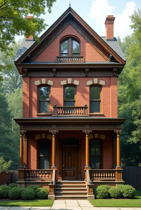 A 3 storeyed building with porch, ceramic brick wall, wooden window and door. With large balconi in front side