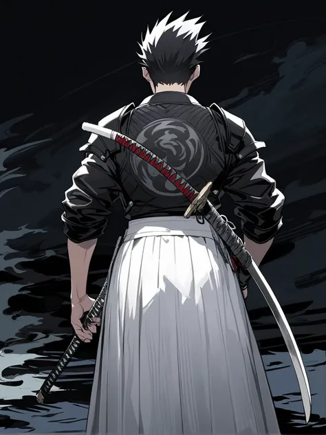 Black hair, white hakama, spiked hair, samurai,(holding a katana),at night,from behind,