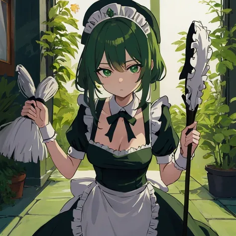 Dark green maid holding a mop