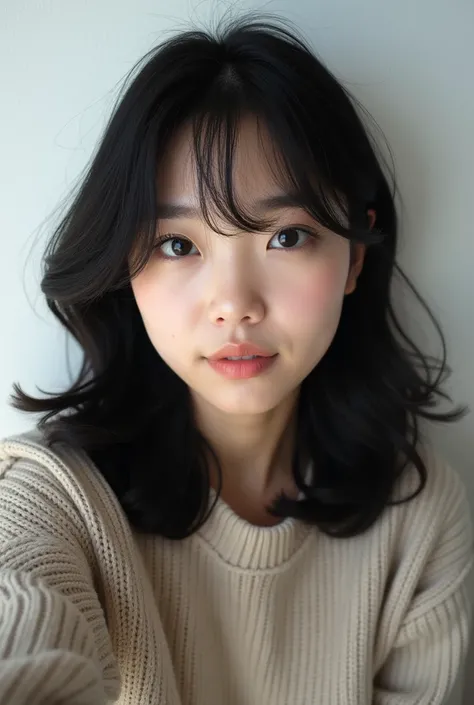 black hair,medium hair,front view,selfie,sweater,upper body,japanese girl,Indoor,bangs,white wall