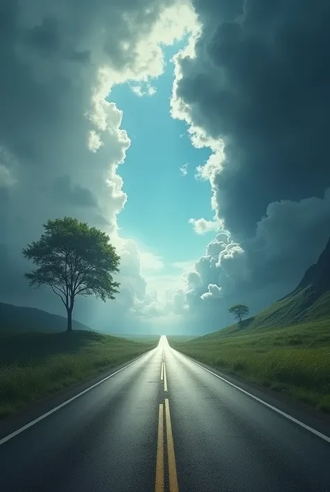 Road separated into two paths ,  an easy road without curves and clear skies,  leads to paradise and a difficult one ,  with many curves and chaos , black clouds and storm , It leads to hell . 