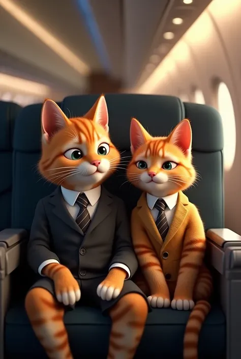 Beautiful two cats where dad and son , with colour Orange.are sitting in airoplane, with professional clothes cinematic, realistic. 