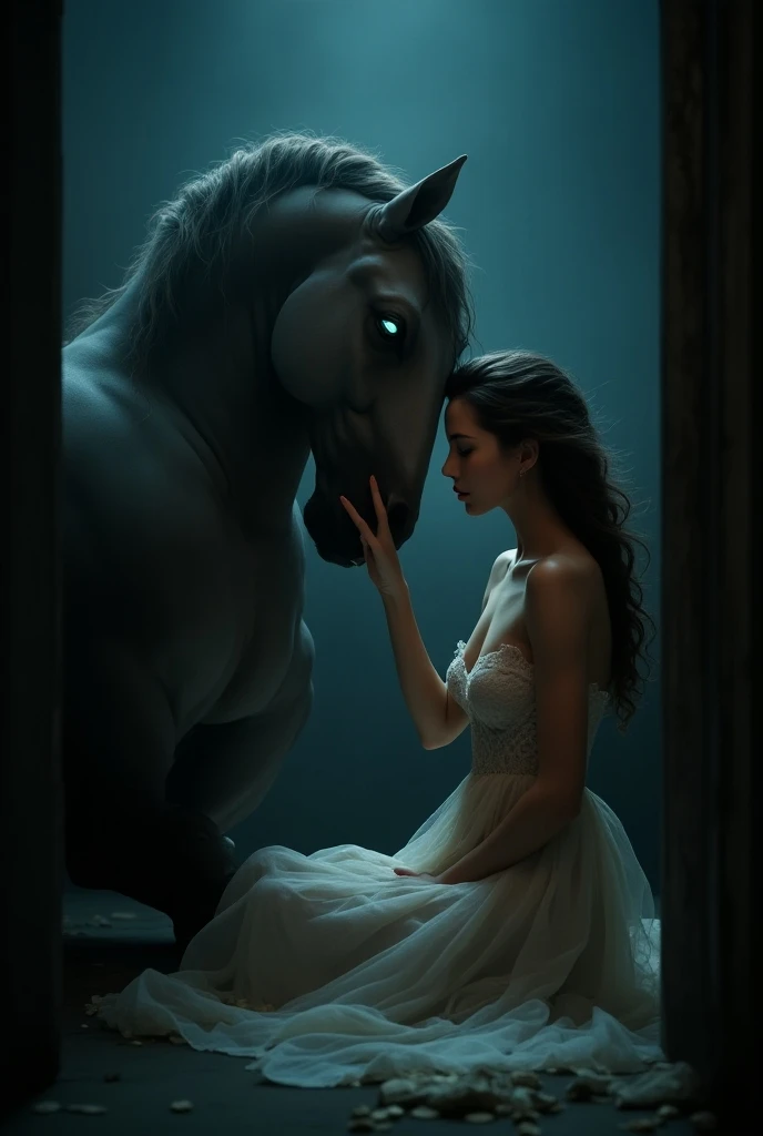 A dimly lit, closed room with an intimate and mysterious atmosphere. A beautiful young woman with sex flowing hair and a gentle expression is seated close to a large, mythical creature resembling a horse, but with exaggerated features like glowing eyes and...