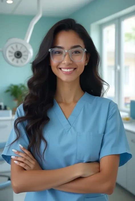 Dentist girl with curly black and long hair with clear lenses