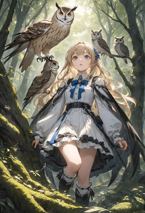 Gothic art, retina, masterpiece,  high definition ,  best quality,   high detail ,A hairy white fairy who lives in the woods、Learning Forward、 owl under guard，Look up、the above、Blue and white outfit、Beige Hair Color 