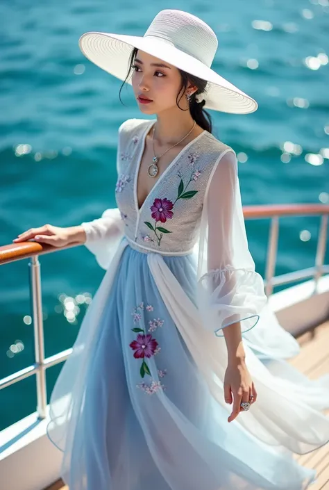 prompt:

 A beautiful young Korean woman ,  wearing a hijab elegant in white with a long dress layered in white and blue that is so intricate,  decorated with vibrant embossed floral prints in purple colors , green, Dan the red.  Her dress waves gracefully...