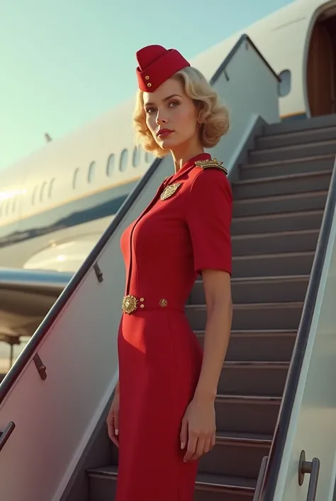 blonde girl stewardess at the airplane steps high resolution