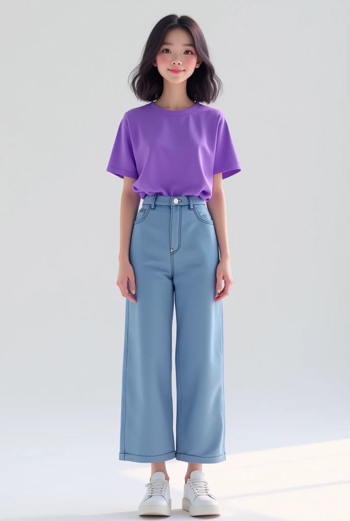  Korean Girl，Purple shirt，Blue Pants ，White shoes