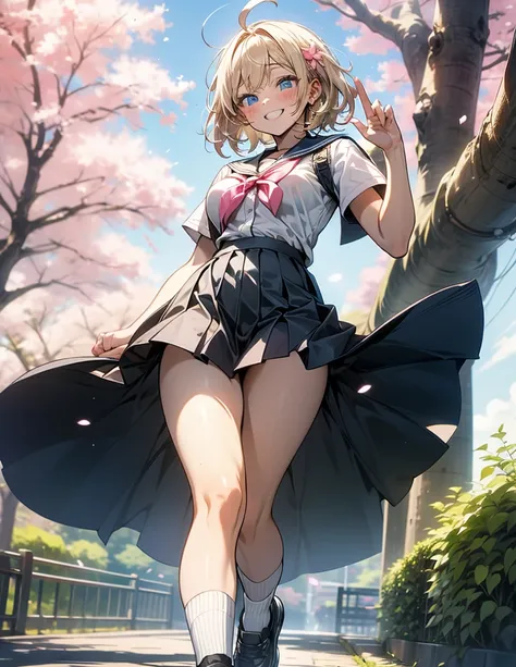 looking at the spectator ,  Best quality ,  masterpiece, a mature woman (sexy full body,  Short Hair, fringe, blonde hair, Ahoge,  Blue eyes , blush,  Satisfied smile  , spark, ahegao,  big breasts ,  thin waist ,  Big butt ),  Dressed in school uniform  (...