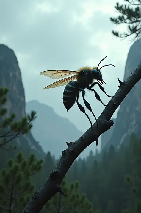 Create a cinematic AI video of a dangerous-looking bee flying from the sky and landing gracefully on a tree branch. The bee should have sharp, menacing features, such as glowing eyes or spiky limbs, with a metallic sheen on its body. The weather is overcas...