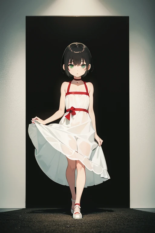  Extremely small and frail eight-year-old girl  ,  short black hair  ,  big expressive light green eyes , very small and extremely fragile body  ,  delicate white dress with a red band attached to the waist ,  full body  ,  in front of the spectator