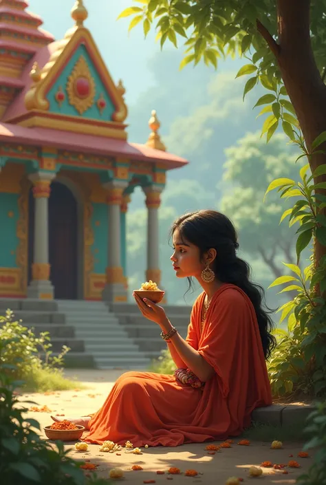 Viradi is sitting near the village temple and eating papprasad