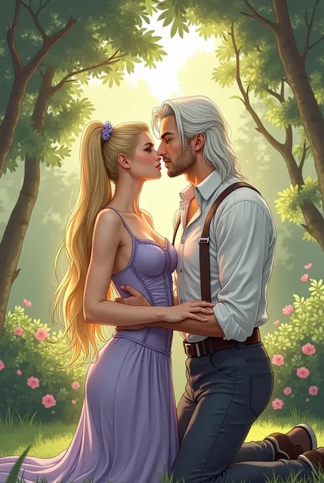 beautiful,exquisite drawing in the style of a realistic 90s comic. is kneeling on the floor,  Handsome guy с длинными белыми волосами,a light kiss on the lips of European appearance , with grey eyes,  Handsome guy, beautiful кожа , Realistic skin, очень  H...