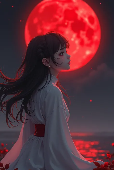  Girl from Genshin Impact , White clothing , black and red,  likes the red moon and has x in her eyes