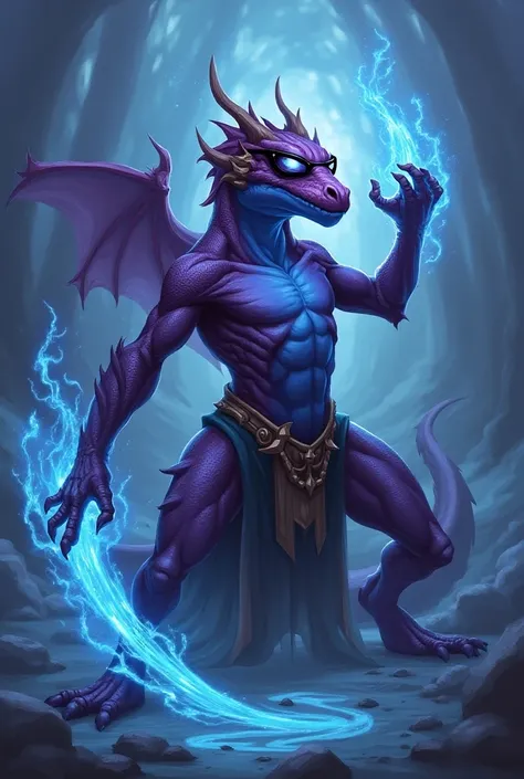 Lizard looking dracthyr evoker in world of warcraft with cool looking sun glasses with purple skin and ice and fire in background