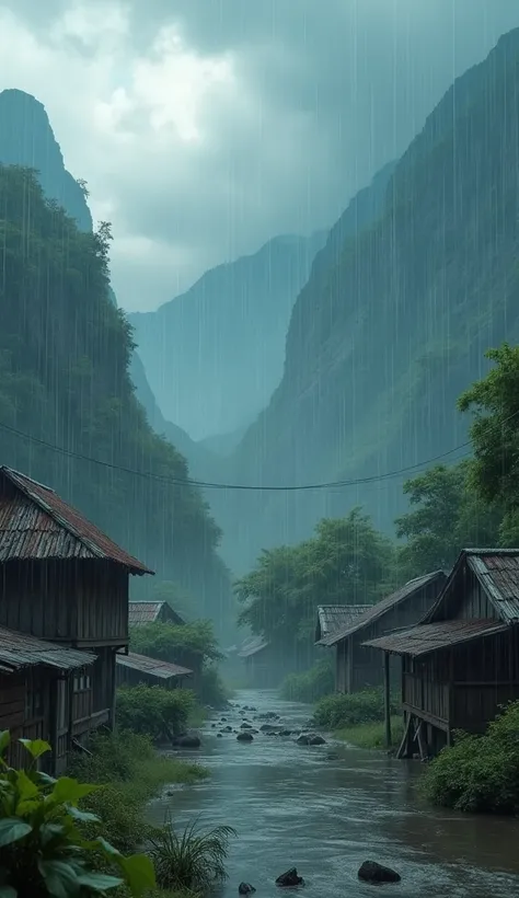 In cinematic 3D style ,HD image, realistic image, colourful image
Action,There are mountains all around. There is a lot of heavy rainfall. The farmers houses are completely flooded. They are visible lightly. It is raining very heavily. There are a lot of d...