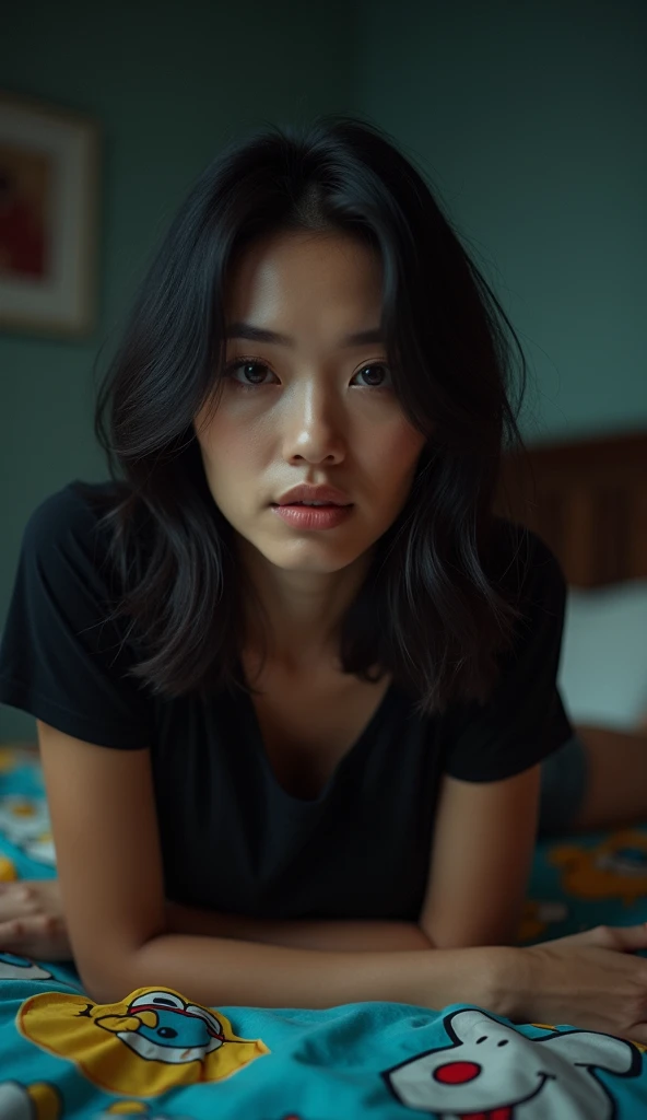 selfie photo of beautiful woman from thailand, lying on a cartoon patterned bed in a dark room, ((big breasts)) dark at night because of minimal lighting, black t-shirt, cinematic