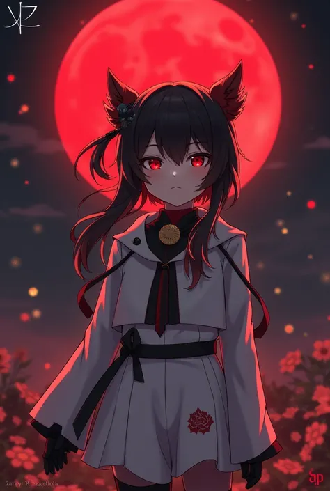  Girl from Genshin Impact , White clothing , black and red, He likes the red moon and he has x in his eyes
His name is Harlequin