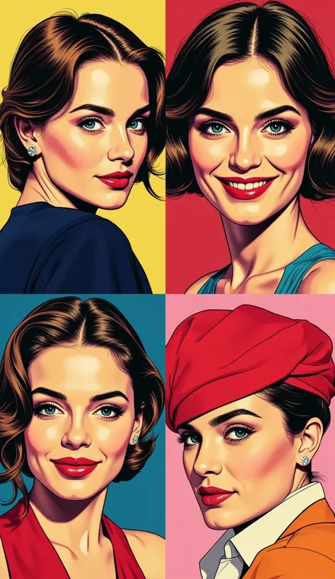 
Create a series of four elegant portraits of imaginary famous figures, blending elements of fantasy and pop art in a vibrant, avant-garde style. Each portrait should capture the essence of these fictional celebrities, showcasing their unique personalities...