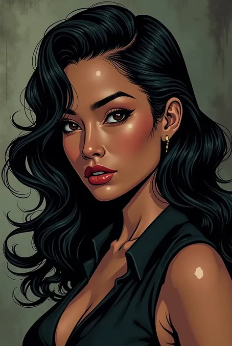 Marvel comic strip image of a beautiful Thai woman with dark skin, inverted triangle figure, dark brown eyes, almond-shaped eyes, large and prominent nose tip but not high nose ridge, diamond-shaped face, lips as thick as the bottom and bottom of the butto...